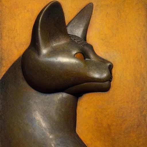 Image similar to masterpiece painting of an ancient bronze sculpture of a mechanical cat head, by annie swynnerton and diego rivera and nicholas roerich and jean delville, symbolist, dramatic lighting, god rays, elaborate geometric ornament, art brut, rich colors, smooth sharp focus, extremely detailed, adolf wolfli