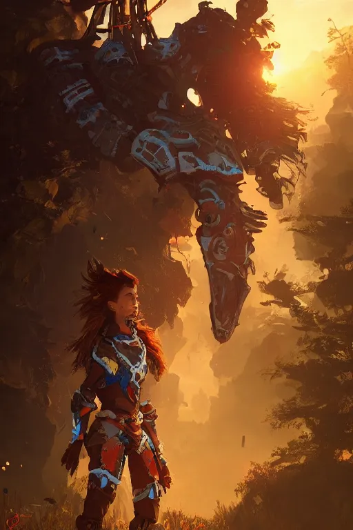 Image similar to combination suit armor aloy horizon forbidden west horizon zero dawn radiating a glowing aura global illumination ray tracing hdr fanart arstation by ian pesty and alena aenami artworks in 4 k tribal robot ninja mask helmet backpack