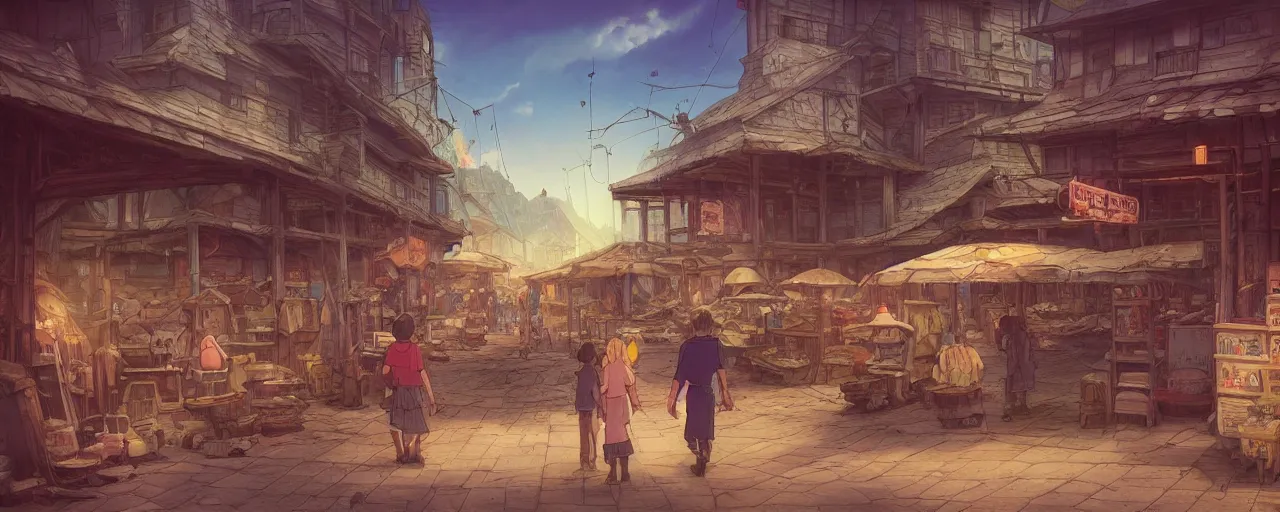 Image similar to “The eerie, forlorn atmosphere of a marketplace that is usually bustling with people but is now destroyed by wildfire in the style of studio ghibli, fantasy book illustration 8k movie poster, cinematic composition, ultra detailed, HDR shot, bright colours, happy faces”