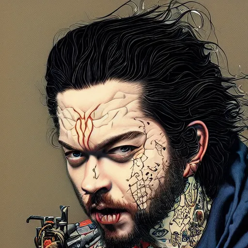 Image similar to portrait closeup of post malone vampire, symmetrical, by yoichi hatakenaka, masamune shirow, josan gonzales and dan mumford, ayami kojima, takato yamamoto, barclay shaw, karol bak, yukito kishiro