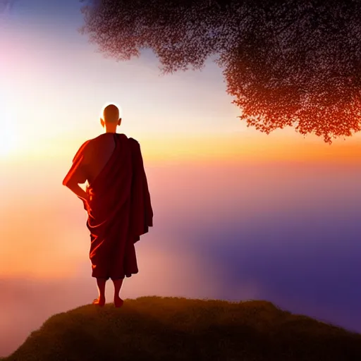 Prompt: a monk posing on top of mountain, fog, symmetrical, Studio Ghibli style, sunset, beautiful, symmetrical