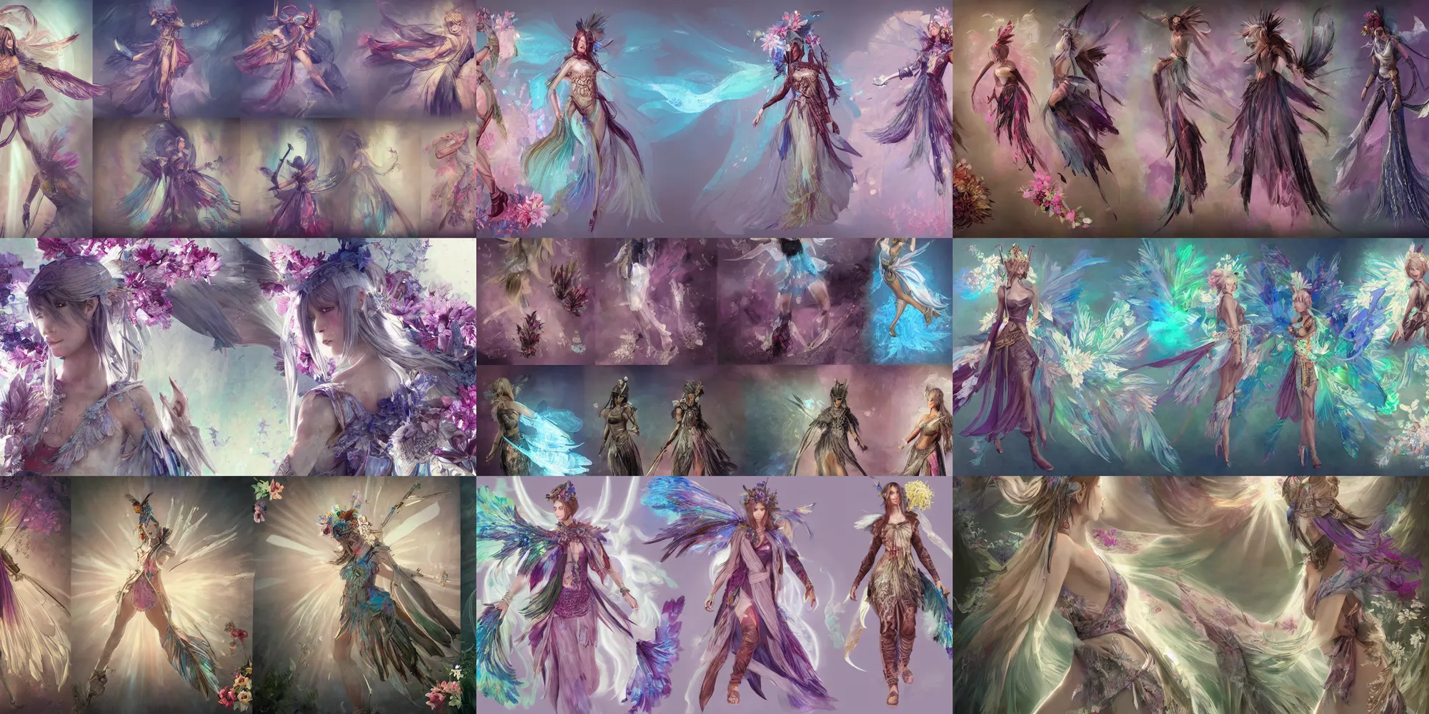 Prompt: Painterly character concept and fashion spot illustrations from the Final Fantasy 12 and Assassin's Creed Odyssey crossover, full-body, dynamic poses, diaphanous iridescent silks, butterflies, leaves and flower petals and flowers, bloom, god rays, cinematic lighting, intricate crystalline and feather jewelry, ornate, filigree, arcane, mystical, glowing dust, by Bobbie Jean Pentecost, by Norman Rockwell, by Alphonse Mucha, by James Gurney, by Bouguereau, by Rubens, fantasy, portfolio illustration, highly detailed, trending on Artstation, CGsociety, rendered in Octane, rendered in Arnold, HQ, 8k, 35mm lens, f2.8, Bokeh,