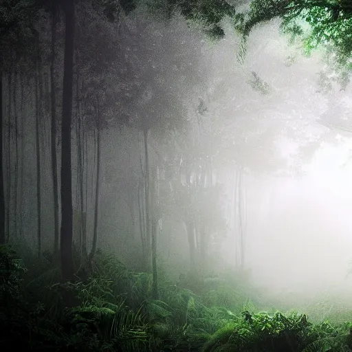 Prompt: deep jungle scene, dark atmosphere, dense fog, dark green tones
