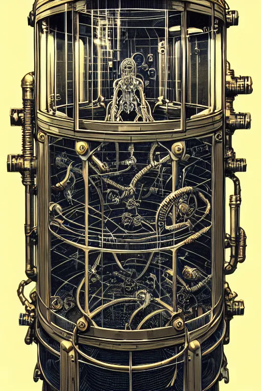 Image similar to steampunk human cryo chamber, high details, intricately detailed, by vincent di fate, inking, 3 color screen print, masterpiece, trending on artstation,, sharp, details, hyper - detailed, hd, 4 k, 8 k