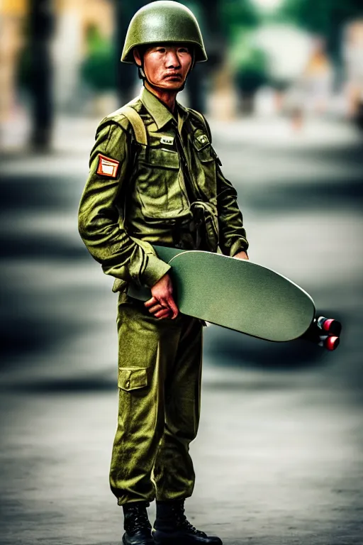 Image similar to vietnam soldier with skateboard, portrait, cinematic, bokeh, extreme detailed, vogue photo style, proportional, dynamic composition, intricate, comfort posse, smooth, sharp focus, body features, ultra realistic, award winning photo, captured by nikon d 8 5 0,, 4 k, full body.