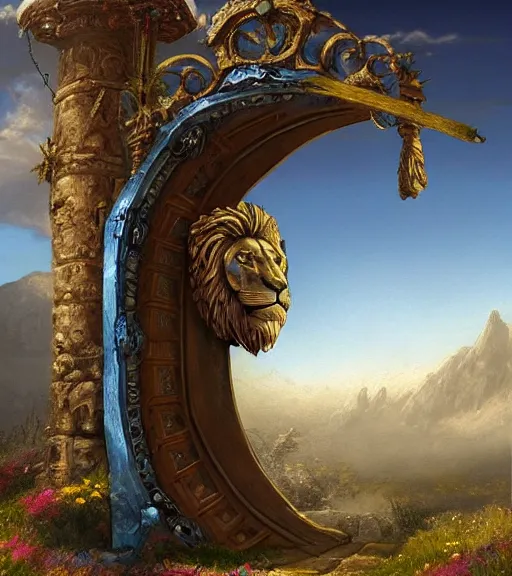 Image similar to A giant medieval fantasy blue energy portal gate with a rusty gold carved lion face at the center of it, the portal takes you to another world, full of colorful flowers on the lost Vibes and mountains in the background, spring, delicate fog, sea breeze rises in the air, by andreas rocha and john howe, and Martin Johnson Heade, featured on artstation, featured on behance, golden ratio, ultrawide angle, f32, well composed, rule of thirds, center spotlight, low angle view-W 1024