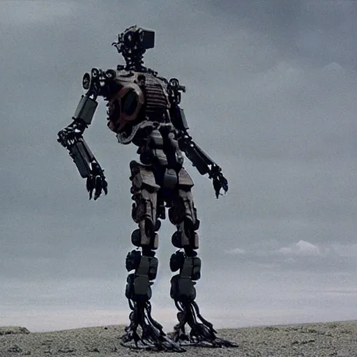 Image similar to cinematic still in westworld, humanoid mech by mamoru nagano