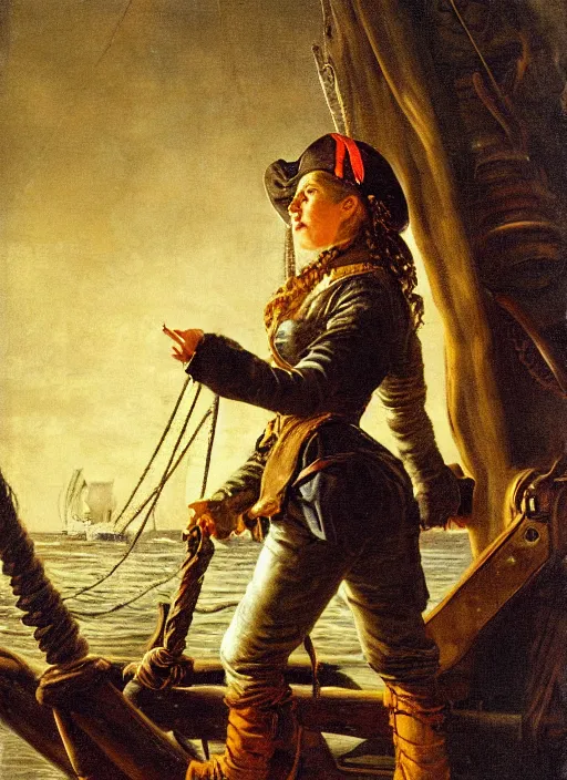 Image similar to close - up portrait of a female pirate with two peglegs and two hook hands, standing at the wheel of a galleon, sails and rigging, detailed dynamic light painting by albrecht anker