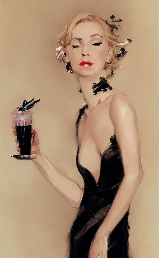 Prompt: ultra detailed photo of an attractive blonde femme fatale wearing a cocktail dress, intricate, elegant, highly detailed, greg manchess, mucha, liepke, ruan jia, jeffrey catherine jones