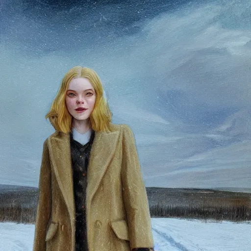 Image similar to Elle Fanning in a snowy field, head and shoulders masterpiece, apocalypse, golden hour, cosmic horror, artstation, in the style of Andrew Wyeth and Edward Hopper, extremely detailed