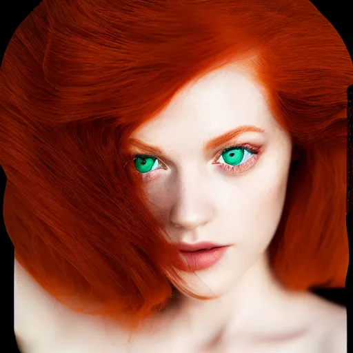 Image similar to A beautiful redhead, sweet, green eyes, seductive expression, modelsociety, raytracing, studio lighting, slight imperfections, intricate, Sony a7R IV, symmetric balance, polarizing filter, Photolab, Lightroom, 4K, Dolby Vision, Photography Award