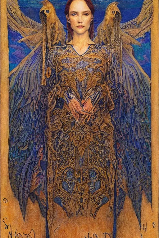 Prompt: dream of the raven king, by Annie Swynnerton and jean delville and Nicholas Roerich, embroidered brocade, tattoos, elaborate costume, geometric ornament, symbolist, rich colors, dramatic lighting, smooth, sharp focus, extremely detailed