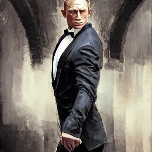 Image similar to a painting in the style of cedric peyravernay of daniel craig in a tuxedo, highly detailed
