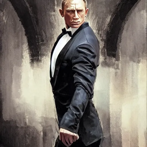 Prompt: a painting in the style of cedric peyravernay of daniel craig in a tuxedo, highly detailed