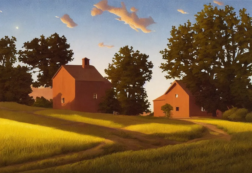 Prompt: a landscape painting of an old farm house in the countryside, painting by kenton nelson, night time with many stars in the sky