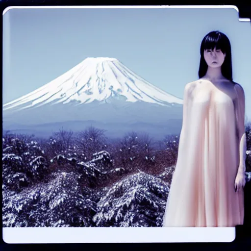 Image similar to a instax photo of fuji mountain, a tall japanese girl in a transparent sheer fabric dress against the background of fuji mountain, perfect faces, fine details, severe snow, full body shot, perfect symmetrical body, coherent symmetrical eyes, rule of thirds, by peter kemp, by monia merlo, hyperrealistic, hyperdetailed, octane render, 8 k