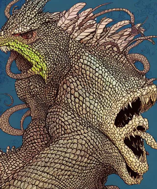 Prompt: a creature covered in scales and feathers spitting acid, fantasy, elegant, digital painting, artstation, concept art, matte, sharp focus, illustration, art by geof darrow