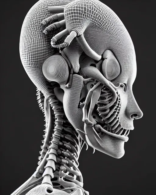 Prompt: raw bw 3 d redshift render biomechanical intricate spinal ribbed organic body detail of mechanical female vegetal - cyborg, beautiful insanely detailed, digital art, octane render, 8 k artistic photography, photo - realistic, unreal engine