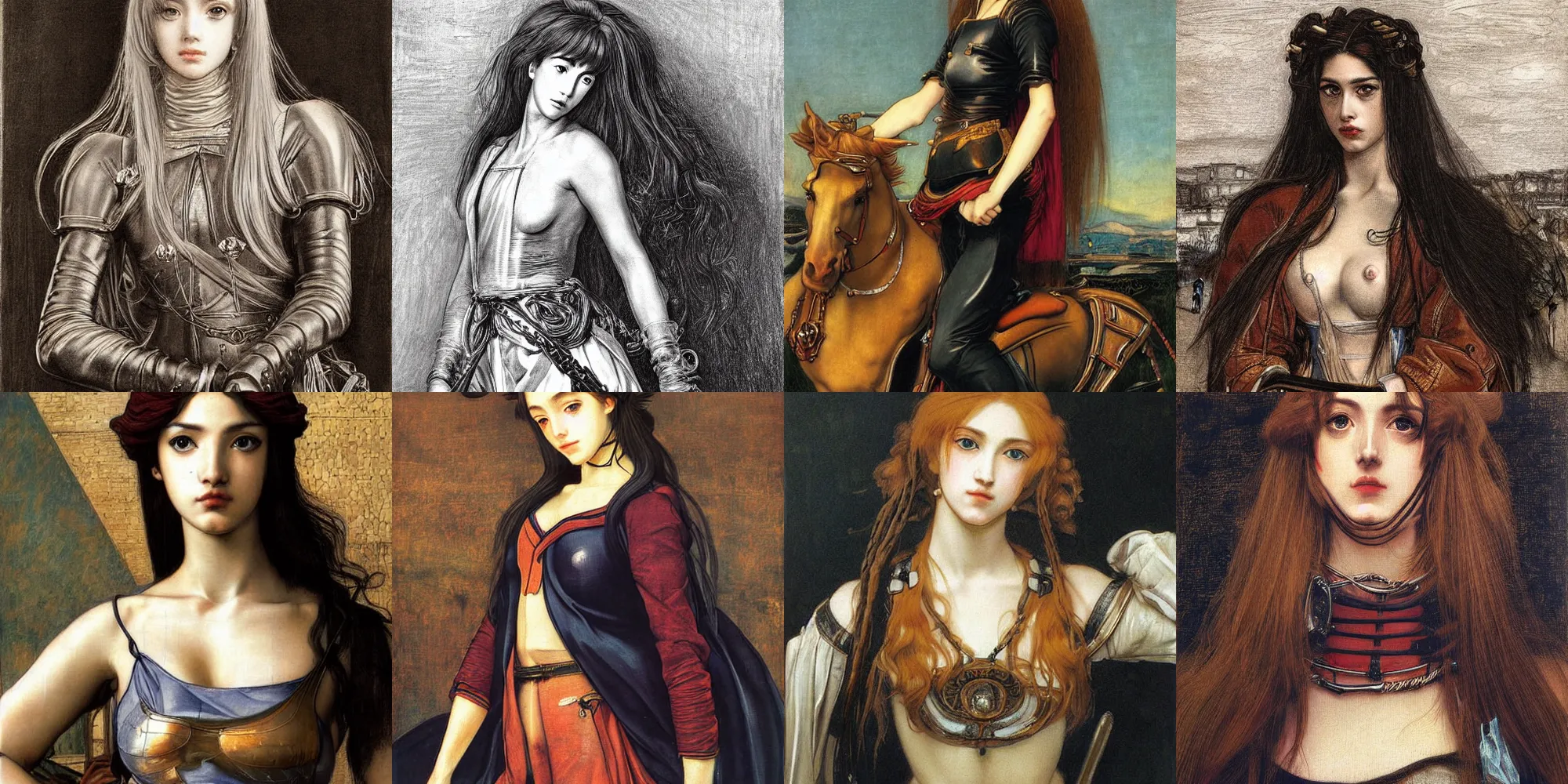 Prompt: well drawn anime a detailed painting of lady godiva standing in front of a motorcycle motorbike by thomas kinkad valentin de boulogne, dante gabriel rossetti, perfect symmetrical face, hyper realism, fine art hyperrealism