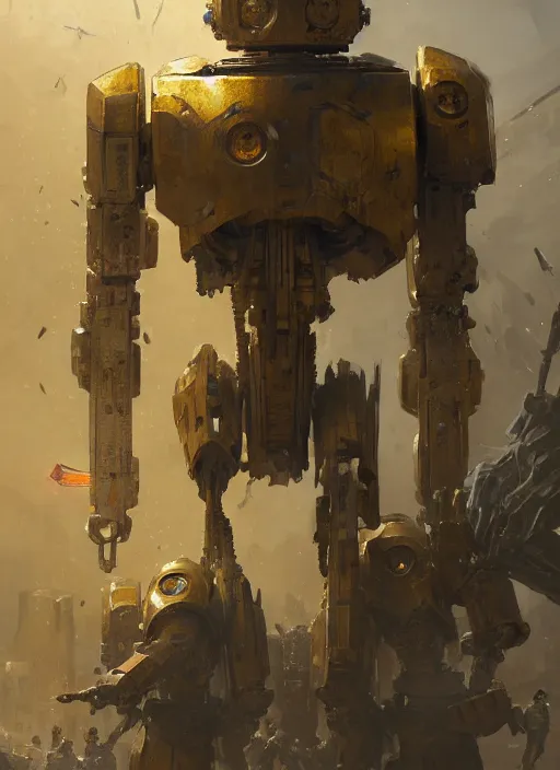 Image similar to human-sized strong intricate yellow pit droid carrying very detailed perfect antique great sword and beautiful large paladin shield, pancake short large head, exposed metal bones, painterly humanoid mecha, slightly far away, by Greg Rutkowski