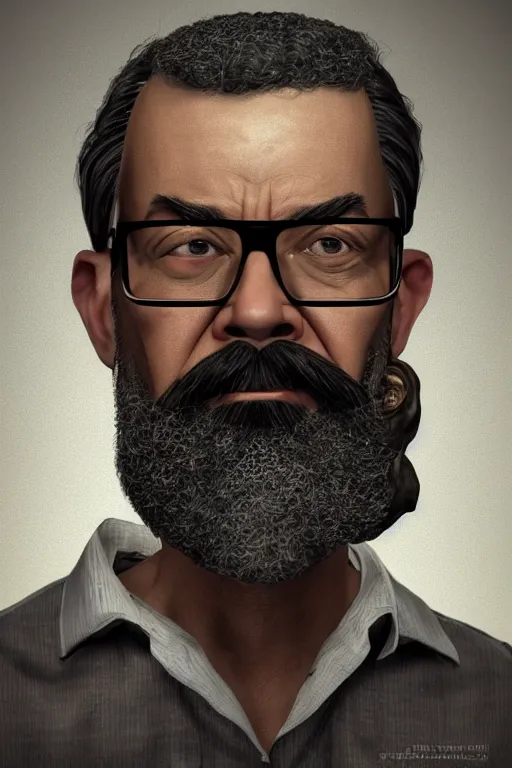 Prompt: Earl (middle aged black database administrator), with low fade hair cut and neatly trimmed grey and black beard, wearing wire frame glasses with slightly raised eyebrows cinematic portrait, digital illustration, octane render trending on arstation by artgerm, raphaelite and mucha