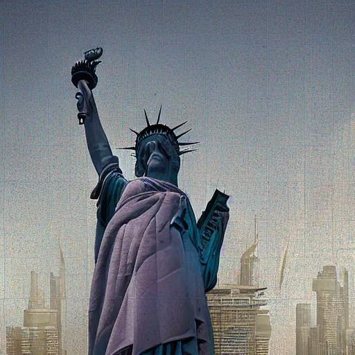 Image similar to highly detailed digital matte painting of a statue of Lady Liberty with a baguette in her arms reclaimed by nature Full shot. By Raphael LaCoste and Ruan Jia and Robert McCall, postcyberpunk, geodesic dome, hyperdetailed, sunrise, blueprint large, autochrome, octane rendering