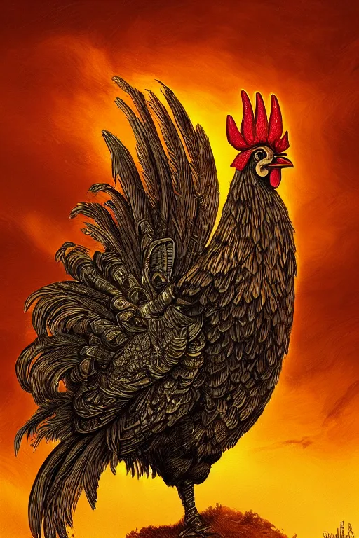 Image similar to a beautiful tarot card artwork of a rooster in armour, horror, backlit, gloomy sky, highly detailed, digital painting, intricate golden threads, by kevin siembieda, vivid colors, detailed shading, 8 k resolution, intricate, smooth