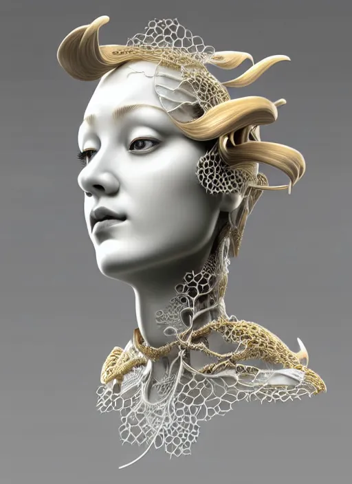 Image similar to complex 3d render ultra detailed of a beautiful porcelain profile woman face, mechanical cyborg, 150 mm, beautiful natural soft light, rim light, mechanical magnolia and ghost orchid big leaves and stems, roots, fine foliage lace, silver and gold details, ornate intricate, maze like, mesh wire hair, intricate details, hyperrealistic, ultra detailed, mandelbrot fractal, anatomical, red lips, white metal neocubism armor, facial muscles, cable wires, microchip, elegant, octane render, H.R. Giger style, 8k