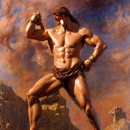 Image similar to Vladimir Putin as a greek god, muscular, detailed face, thighs, painting by Gaston Bussiere, Craig Mullins