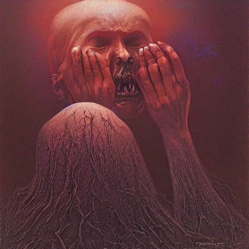 Image similar to Existential cosmic despair, screaming and crying, window into the hopeless soul, by Gerald Brom and Zdzisław Beksiński