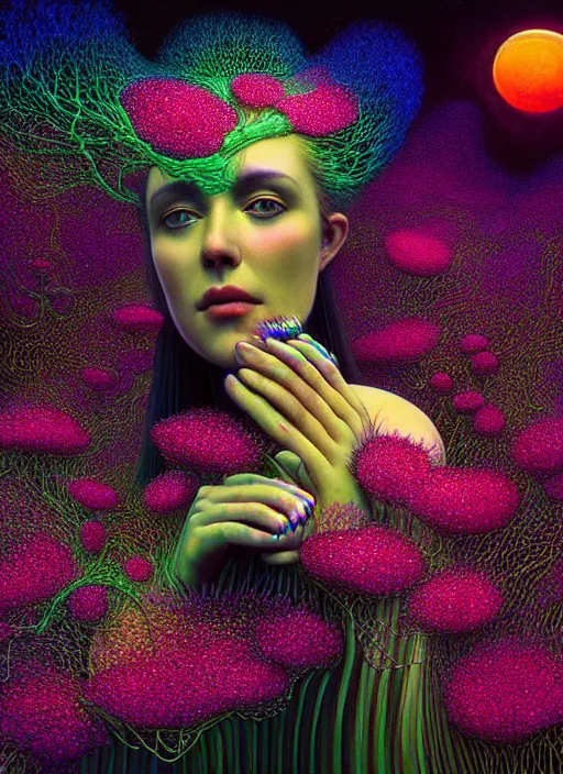 Prompt: hyper detailed 3d render like a digital Oil painting - Aurora (Singer) seen Eating of the Strangling network of yellowcake aerochrome and milky Fruit and Her delicate Hands hold of gossamer polyp blossoms bring iridescent fungal flowers whose spores black out the foolish stars by Jacek Yerka, Mariusz Lewandowski, Houdini algorithmic generative render, Abstract brush strokes, Masterpiece, Edward Hopper and James Gilleard, Zdzislaw Beksinski, Mark Ryden, Wolfgang Lettl, hints of Yayoi Kasuma, octane render, 8k