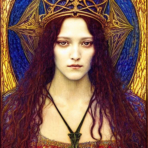 Image similar to detailed realistic beautiful young medieval queen portrait by jean delville, art nouveau, symbolist, visionary, gothic