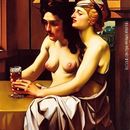 Image similar to biblical david and goliath are actually good friends and are having a pint together, by j. c. leyendecker, tamara de lempicka, bouguereau