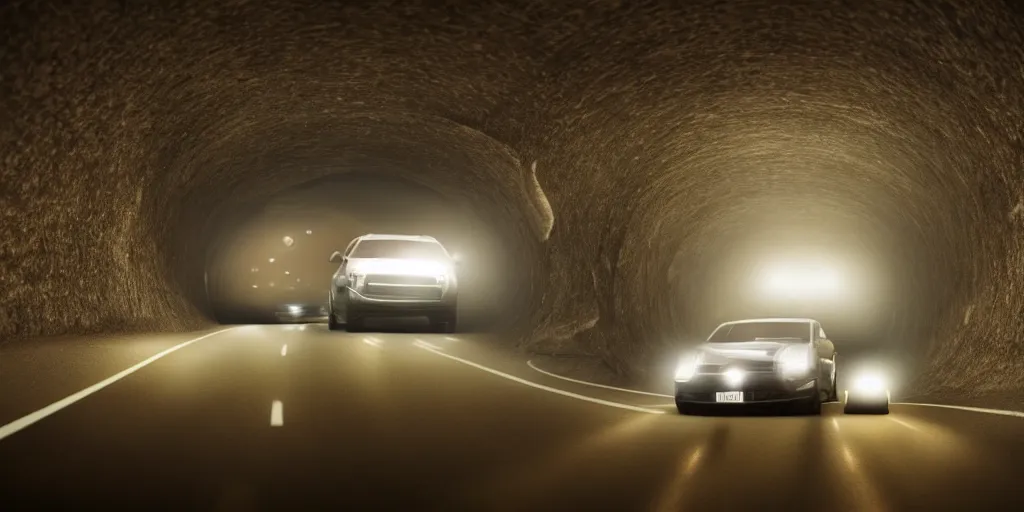 Image similar to a car driving through a tunnel at night, there's a girl standing on the car and two boys are driving the car, strobe light, realistic, 8 k