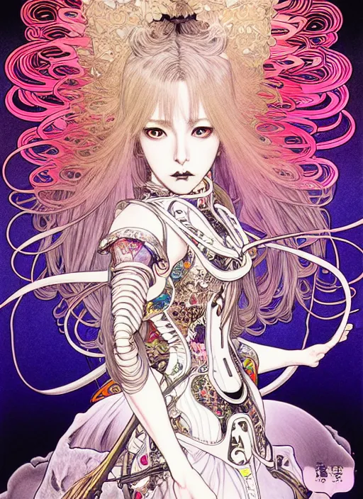 Prompt: artstation highly detailed terada katsuya manga poster of girl mechine, rainbow gradient reflection, ayami kojima, long hair, armor, dress, laces, ruffles, 8 k, maximalist, alphonse mucha