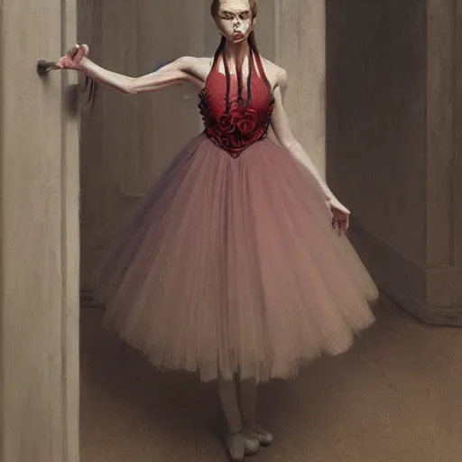 Image similar to macabre art, vladimir putin women maid dress, ballerina dancing, horror, macabre art, stuning 3 d render, masterpiece, dark, by donato giancola and greg rutkowski and wayne barlow and zdzisław beksinski, realistic face