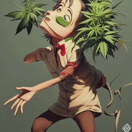 Image similar to cannabis leaf cartoon character, digital art, fun, eun by jesper ejsing, greg rutkowski, katsuhiro otomo, krenz cushart, shigenori soejima, rossdraws, rule of thirds