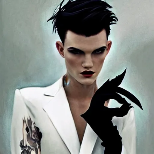 Image similar to stunning portrait of androgynous ruby rose as desire from sandman in a white tuxedo!!!, rockabilly style, by frank moth, by alphonse mucha, by jeremy mann, by peter lindbergh, dave mckean, white suit and black tie, soft lightning, high detailed, 8 k