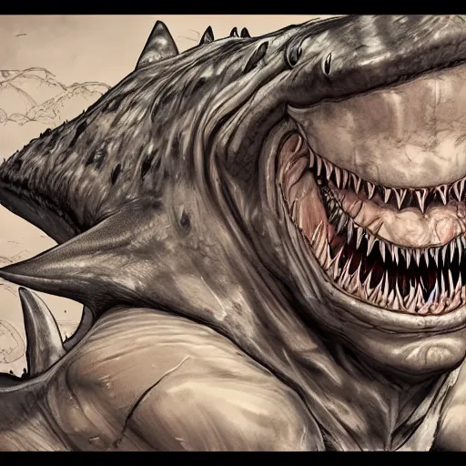 Prompt: the portrait of an absolutely grotesque, ugly, masculine, anthropomophic shark man, hyperrealistic anime illustration by kim jung gi, iralki nadar, extremely detailed intricate linework, reflective eyes, smooth, super sharp focus, bright colors, high contrast, matte, octopath traveler, unreal engine 5 highly rendered, global illumination, radiant light