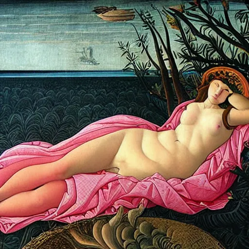 Prompt: an ultradetailed mythological oil painting of a beautiful woman with long brown hair, full body, wearing pink floral gown, lying asleep inside a giant scallop shell, near the seashore, intricate lines, elegant, renaissance style, by sandro botticelli