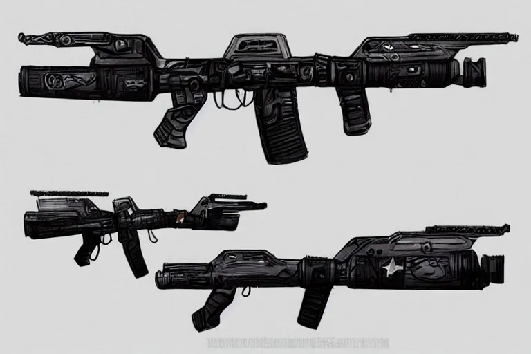 Image similar to Concept art of a space pirate rifle