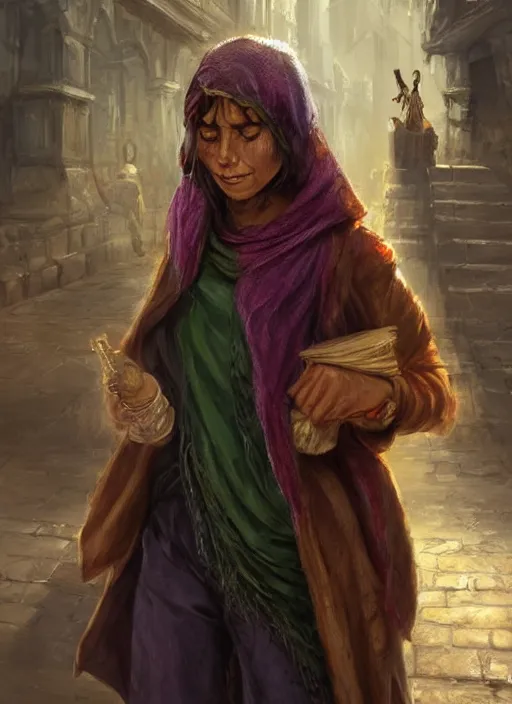 Image similar to female poor beggar on the streets, ultra detailed fantasy, dndbeyond, bright, colourful, realistic, dnd character portrait, full body, pathfinder, pinterest, art by ralph horsley, dnd, rpg, lotr game design fanart by concept art, behance hd, artstation, deviantart, hdr render in unreal engine 5