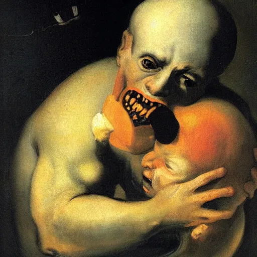 Image similar to saturn devouring his son, painting by francisco goya, peach