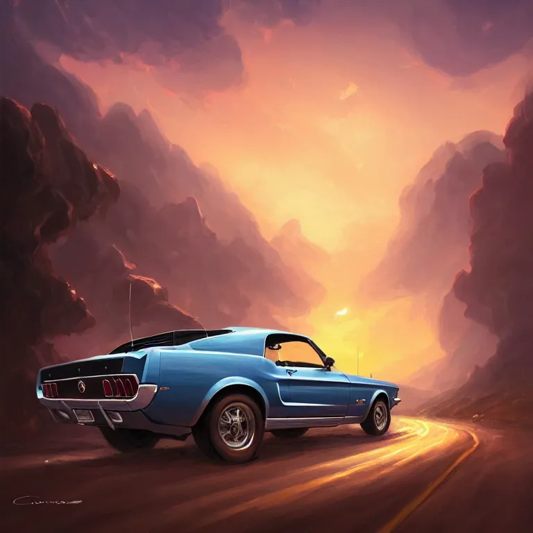 Prompt: view from behind a 1 9 6 8 mustang driving down a country road, coriolios rpg art style, full of details, warm sunset colors, matte painting, artstation, 8 k, hyperrealistic, style of peter mohrbacher, album cover