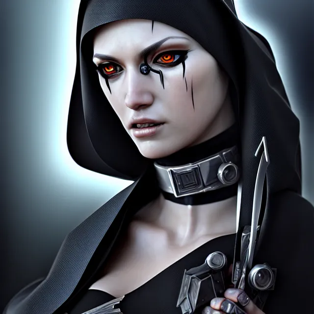 Image similar to cyberpunk nun warrior, highly detailed, 4 k, hdr, smooth, sharp focus, high resolution, award - winning photo, artgerm, photorealistic