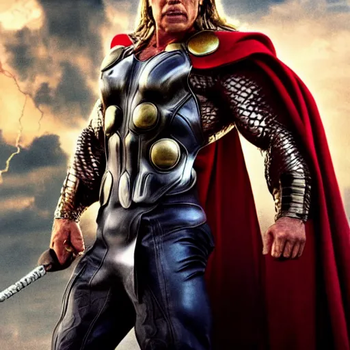 Image similar to Arnold Schwarzenegger as Thor, realistic photo portrait, movie poster