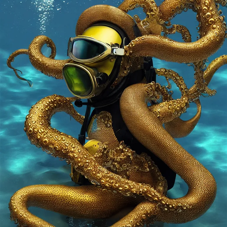 Image similar to octane render portrait by wayne barlow and carlo crivelli and glenn fabry, subject is a diver in a wet suit with goggles completely covered in giant long shiny reflective golden octopus tentacles, cinema 4 d, ray traced lighting, very short depth of field, bokeh