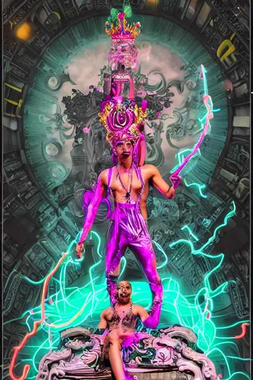 Image similar to full-body rococo and cyberpunk style neon statue of a muscular attractive Ekko wearing cholo shades macho dotado e rico android sim roupa reclining con las piernas abertas e la piroca dura, ethereal white dripping tar, glowing orange lasers, pink tigers, glowing eyes, silver prince crown, black gears, pink diamonds, swirling mint-colored silk fabric. futuristic elements. full-length view. human skulls. large intricate artwork by caravaggio. Trending on artstation, octane render, cinematic lighting from the right, hyper realism, octane render, 8k, depth of field, 3D