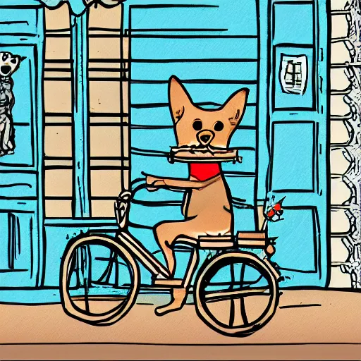 Image similar to illustration of a dog riding a bike in paris in the style of erin stead