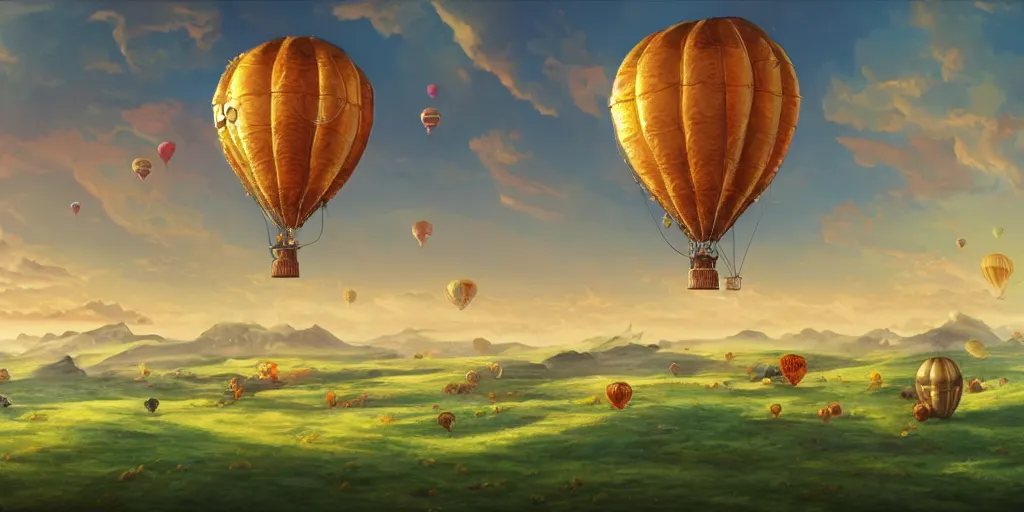 Prompt: one steampunk hot air balloon, floating over a grassy chocolate - shaped hills, magical, colorful, fantastic lighting, amazing details, 4 k uhd, illustration by hayao miyazaki style, artstation, pixiv, pixels